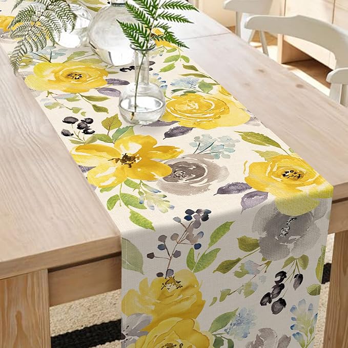 Seliem Spring Yellow Floral Flowers Table Runner, Rose Peony Watercolor Kitchen Dining Table Decor, Seasonal Summer Burlap Home Decoration Indoor Outdoor Party Supply 13 x 72 Inches