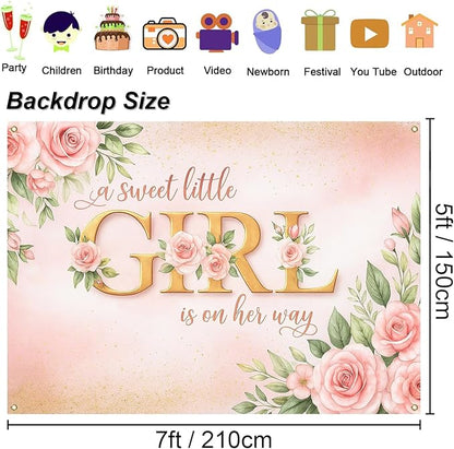 7x5ft Pink Floral Girl Baby Shower Decorations, A Sweet Little Girl is on Her Way Baby Shower Party Backdrop, Photography Background Banner for Gender Reveal, Maternity Photo Booth