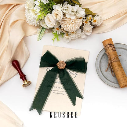 3 Rolls Dark Green Handmade Chiffon Ribbon,1.5" x 21Yd Frayed Fringe Silk Ribbons (3 Rolls *7Yd) for Gifts Wrapping, Wedding Invitations, Bridal Bouquets, Decorations