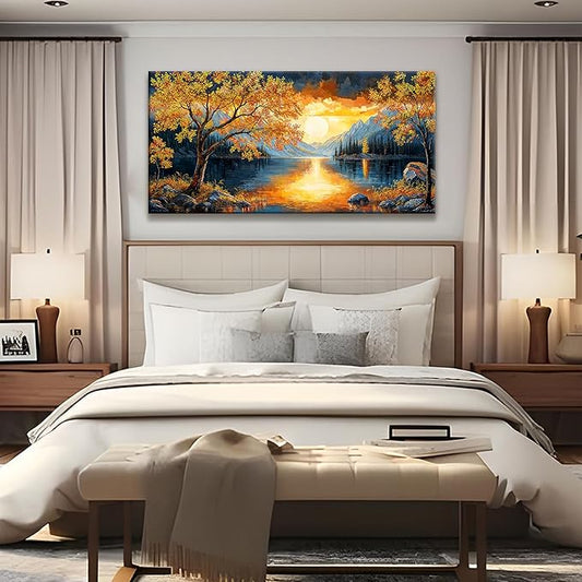Canvas Art Wall Decor Modern Gold Tree River Landscape Wall Art Print For Bedroom Modern Office Art Prints Sunrise Landscape Print Paintings Pictures Artwork Aesthetic 20 X 40 In