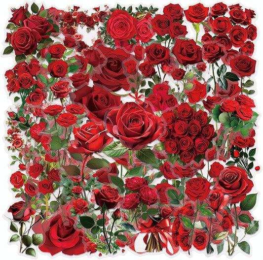 50PCS Red Rose Stickers, Vintage Aesthetic Transparent PET Decals, Waterproof Floral Stickers for Scrapbook, Journal, Water Bottles, Phone Cases, Laptops, DIY Crafts & Gift Deco