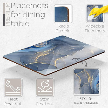 Set of 4 Heat Resistant Cork Placemats for Dining Table with Free Set of 4 Matching Drink Coasters Marble Design 16 x 12 Inches Cork Backed Hard Placemats (Blue & Gold)