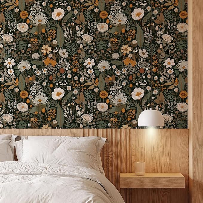 Peel and Stick Floral Wallpaper: Vintage Boho Removable - 17.71x236.2 Inch Watercolor Wild Flower Daisy