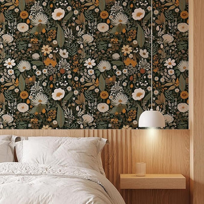 Peel & Stick Wallpaper: Floral Bedroom Wallpaper 17.71x118.1Inch Vintage Boho Wild Flower Daisy Removable Watercolor Multicolor