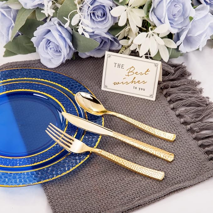 Nervure 150PCS Clear Blue Plastic Plates - Gold Party Plates - Blue and Gold Dinnerware Set Include: 50 Disposable Plate, 25Cups, 25Forks, 25Knives, 25Spoons for Wedding & Party & Father's Day
