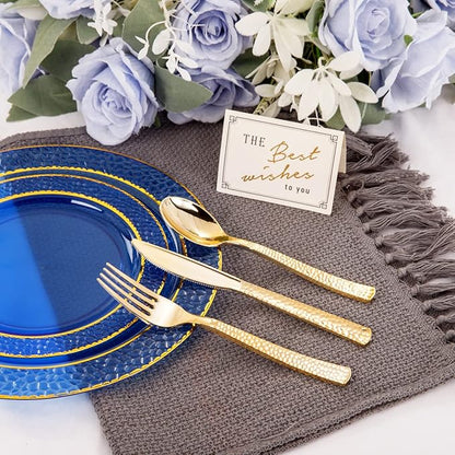 Nervure 150PCS Clear Blue Plastic Plates - Gold Party Plates - Blue and Gold Dinnerware Set Include: 50 Disposable Plate, 25Cups, 25Forks, 25Knives, 25Spoons for Wedding & Party & Father's Day