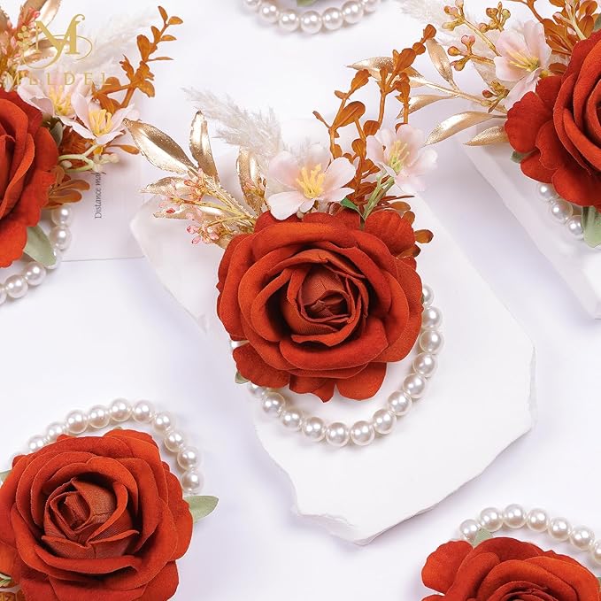 Meldel Burnt Orange Wrist Corsage and Boutonniere Set, Flower On Wrist for Bride Bridesmaid Wedding, Boutonniere for Men Groom Groomsman Wedding Accessories Prom Party Suit Decorations
