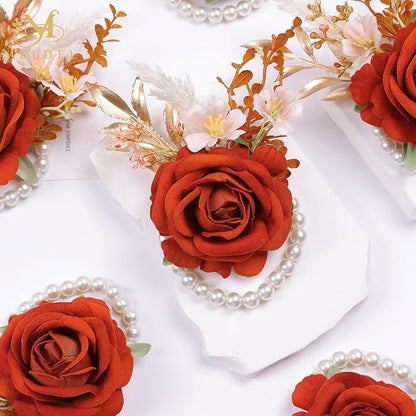 Meldel Burnt Orange Wrist Corsage and Boutonniere Set, Flower On Wrist for Bride Bridesmaid Wedding, Boutonniere for Men Groom Groomsman Wedding Accessories Prom Party Suit Decorations