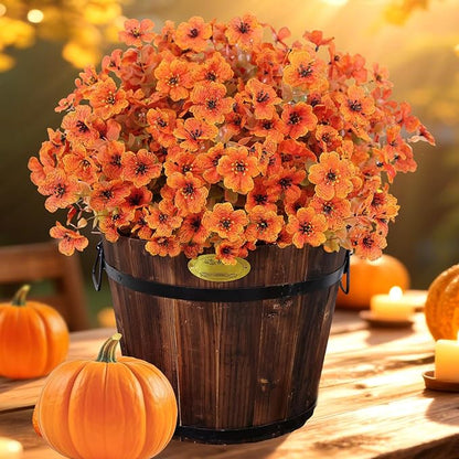 Fall Artificial Flowers for Outdoors Fake Mums for Outside 12 Bundles Faux Silk Orange Dasiy Flower Look Real UV Resistant No Fade Faux Fall Flowers for Front Door Porch Autumn Decoration