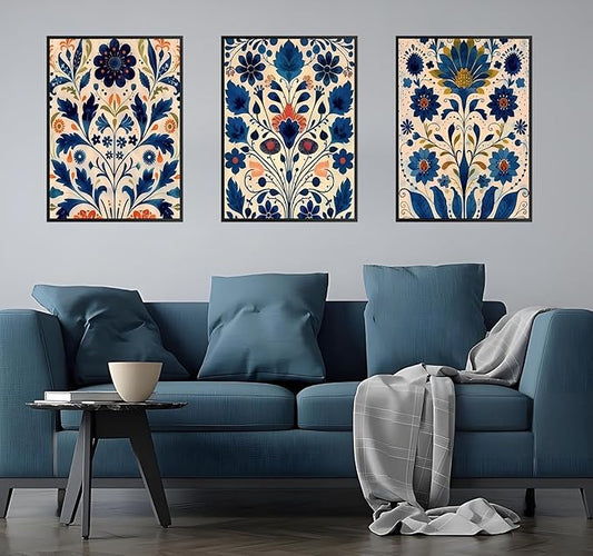 3 Pcs Blue Boho Flower Canvas Wall Art, Floral Painting Poster Wall Decor,Wildflower Botanical Picture for Wall Living Room Bathroom Bedroom Home Decoration 16 * 24 in (Poster no Framed)