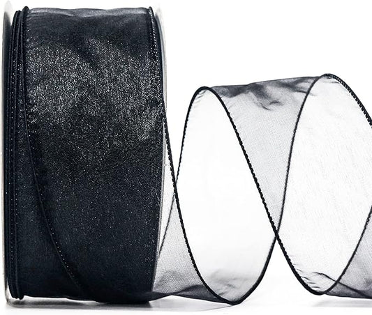 CT CRAFT LLC Sheer Organza Wired Ribbon 2.5" x 50Yards Black for Wedding Chair Bow Flora Bouquet Gift Wrapping Christmas Tree Home Decor Wreath