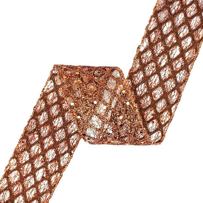 VATIN 2-1/2" Copper Christmas Ribbon, Copper Glitter Mesh Diamond Web Sequin Dots Wired Christmas Ribbon for Gift Wrapping Bow Making Wreath Supply-10 Yards