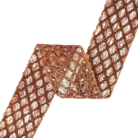 VATIN 2-1/2" Copper Christmas Ribbon, Copper Glitter Mesh Diamond Web Sequin Dots Wired Christmas Ribbon for Gift Wrapping Bow Making Wreath Supply-10 Yards