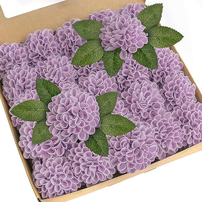 Artificial Flowers, 100pcs Realistic Artificial Rose for DIY Wedding Bouquets Centerpieces Arrangements, Purple Dahlia Flowers with Stem for Bridal Shower Party Home Decorations
