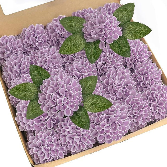 Artificial Flowers, 50pcs Realistic Artificial Rose for DIY Wedding Bouquets Centerpieces Arrangements, Purple Dahlia Flowers with Stem for Bridal Shower Party Home Decorations