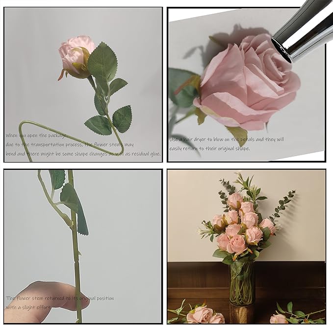 Artificial Roses 10 Pcs - Lifelike Single Stem Fake Roses with Natural Petal Texture,Fade-Resistant Silk Flowers for Wedding Decor,Home Vase Arrangements,Party Centerpieces(10, Light Pink)