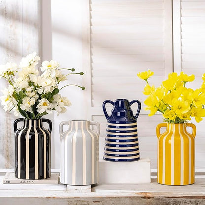 Yellow and White Ceramic Vase with Handles, Stripes Floral Vase for Home Decor, Flowers Kitchen Bookshelf Mantle, Living Room Coastal Decor, Rustic Table Centerpiece, Cottage Core Decor 9.1 in
