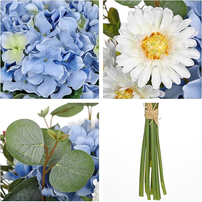 Hydrangea Artificial Flowers 12PCS Blue Fake Flowers Faux Hydrangea Daisies Silk Arrangements Realistic Faux Flowers for Vase Floral Centerpiece Arrangements Wedding Bridal Bouquet Party Home Decor