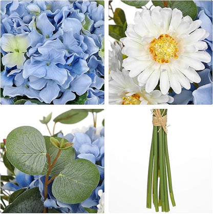 Hydrangea Artificial Flowers 12PCS Blue Fake Flowers Faux Hydrangea Daisies Silk Arrangements Realistic Faux Flowers for Vase Floral Centerpiece Arrangements Wedding Bridal Bouquet Party Home Decor