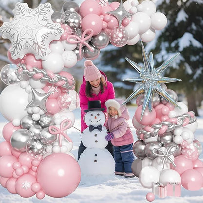 Pink Winter Wonderland Balloon Arch Garland Kit, Pink White Metallic Silver Balloons with Snowflake Star Foil Balloons for Winter Christmas Baby Its Cold Outside Baby Shower Birthday Party Decorations