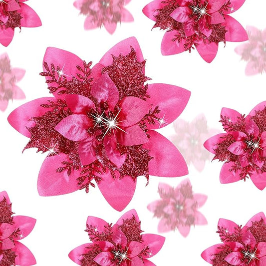 Geosar 36 Pcs Christmas Glitter Artificial Poinsettia Flowers Xmas Poinsettia Artificial Wedding Flowers Decorations Xmas Tree Ornaments with Clips for Party, 6 Inch, 4 Inch, 3 Inch(Peach Red)
