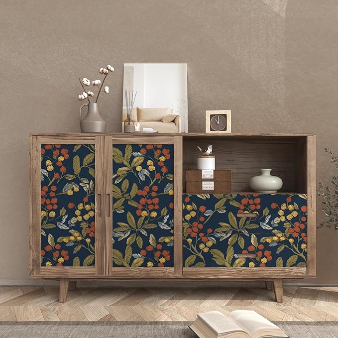 Vintage Wallpaper Peel and Stick, Navy Blue Floral Contact Paper 17.5" x 393.7", Dark Leaf Botanical Wall Paper Self Adhesive Waterproof Removable for Room Shelves Cabinet Drawer Table Decor