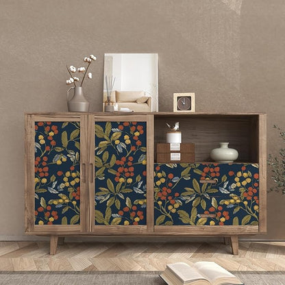 Vintage Wallpaper Peel and Stick, Navy Blue Floral Contact Paper 17.5" x 393.7", Dark Leaf Botanical Wall Paper Self Adhesive Waterproof Removable for Room Shelves Cabinet Drawer Table Decor