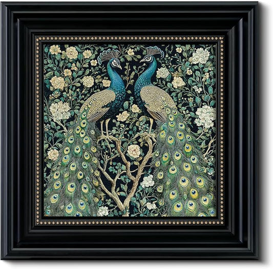 3D Textured Framed Peacock Wall Art 16x16 Vintage Floral Botanical Decor Sandstone Surface, Victorian Antique Bird Painting Black Frame Gold Dot Accents, Classic Peacock Artwork Home Shop Decor
