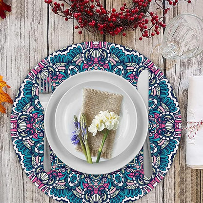 Mandala Round Placemat Set of 6 Elegant Linen Table Mats for Dining, Heat Resistant, Stain Resistant Perfect for Dinner Parties, Restaurants, and Everyday Use