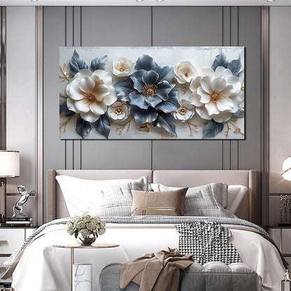 Flower Canvas Wall Art for Office Blue and White All Decor for Bedroom Women Big Wall Art for Living Room Modern Size 29" x 58"