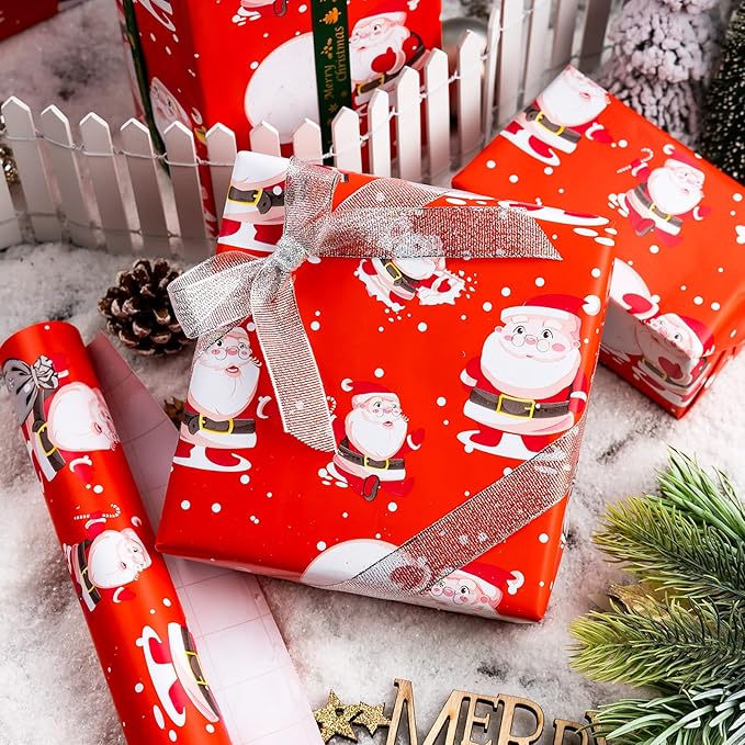 MAYPLUSS Santa Christmas Wrapping Paper Roll - 17 Inch X 33 Feet - Red Vintage Festive Santa Claus HO Design Winter Holiday Gift Wrap Sheet for Family gifts, Christmas Eve, Birthday, Party
