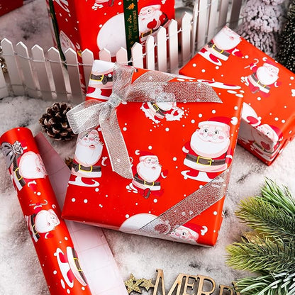 MAYPLUSS Santa Christmas Wrapping Paper Roll - 17 Inch X 33 Feet - Red Vintage Festive Santa Claus HO Design Winter Holiday Gift Wrap Sheet for Family gifts, Christmas Eve, Birthday, Party