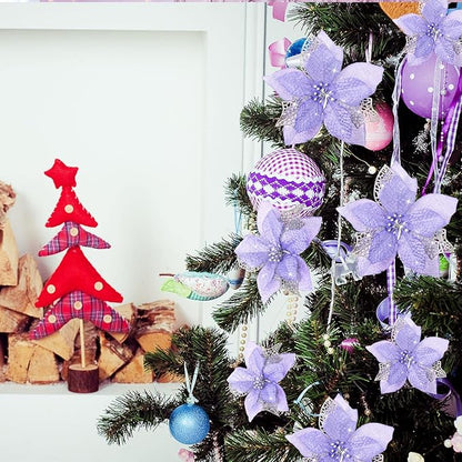 WILLBOND 36 Pieces Christmas Poinsettia Glitter Faux Flowers Christmas Artificial Flowers Tree Ornaments Topper Xmas Decorations(Purple)