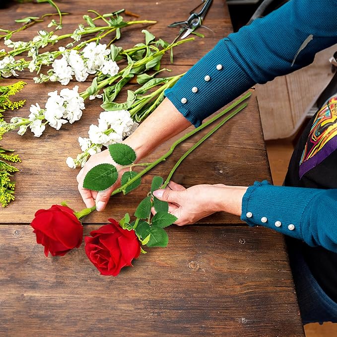 Red Artificial Roses with Long Stems, 24Pcs Realistic Roses Artificial Flowers, Faux Roses | Bulk Fake Flowers for Home Decor, Wedding Party Table Centerpieces, DIY Bouquet