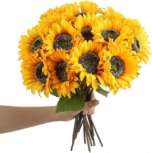 8pcs Artificial Sunflower Flowers Long Stem Large Silk Sunflowers Bridal Wedding Bouquet Fake Yellow Flower Arrangements for Outdoor