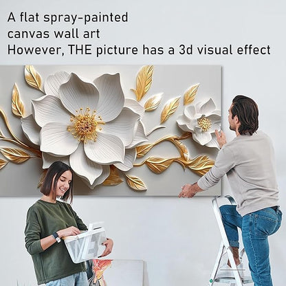 Canvas Wall Art for Living Room Bedroom Office White and Gold Flower Artwork Large Botanical Floral Wall Art Framed Wall Decor Modern Canvas Prints 20x40 In