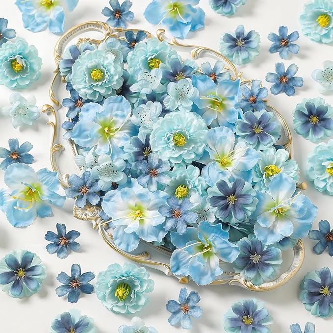 210Pcs Mini Fake Flower Heads Blue Small Silk Faux Flower Heads Artificial Rose Daisy Multicolor Flowers Bulk for Cake Crafts DIY Graduation Cap Wedding Hair Dresses Wreath Party Home Decor