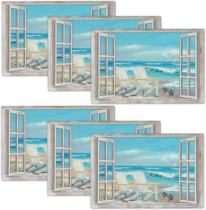 Coastal Beach Placemats Set of 6 Seascape Ocean Table Mats Washable Place Mats for Home Party Indoor Kitchen Dining Table Decoration 12x18 Inch
