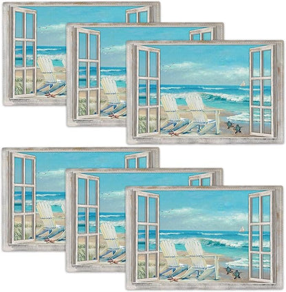 Coastal Beach Placemats Set of 6 Seascape Ocean Table Mats Washable Place Mats for Home Party Indoor Kitchen Dining Table Decoration 12x18 Inch