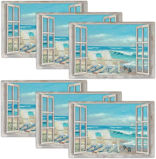 Coastal Beach Placemats Set of 6 Seascape Ocean Table Mats Washable Place Mats for Home Party Indoor Kitchen Dining Table Decoration 12x18 Inch