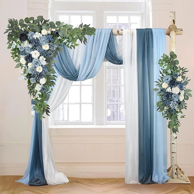 Wedding Arch Flowers Pack of 5,2pcs Large Artificial Floral Swag Arrangement and 3pcs Fabric Drap for Wedding Ceremony Arbor Reception and Backdrop Outdoor Decoration (Blue and White)