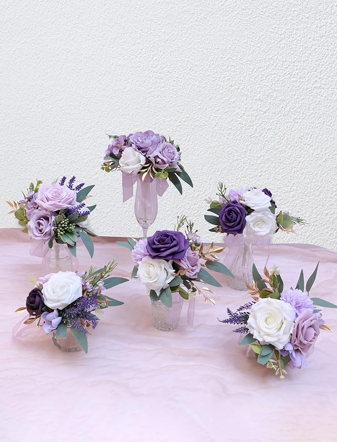 Marriwise Set of 6 Purple Assorted Wedding Flower Centerpieces Pre-Made Mini Bridesmaid Bouquets Artificial Floral Lavender Table Decor for Wedding Decorations Shower Home Decor (Purple)