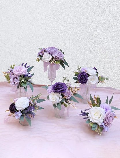 Marriwise Set of 6 Purple Assorted Wedding Flower Centerpieces Pre-Made Mini Bridesmaid Bouquets Artificial Floral Lavender Table Decor for Wedding Decorations Shower Home Decor (Purple)