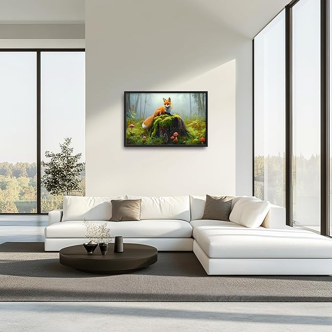 Forest Fox Large Wall Art Framed Rustic Wall Decor for Living Room Fox Mushroom Pictures Oversized Canvas Print Painting Modern Extra Large Framed Artwork for Bedroom Office 36"x24"