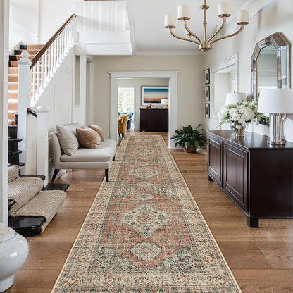 Lahome Oriental Kitchen Runners for Hallways, 2.5x12 Washable Runner Rug Non Slip, Soft Hallway Rug Distressed Ultra-Thin Long Carpet for Bathroom Entryway ‎Bedroom, Peach/Orange