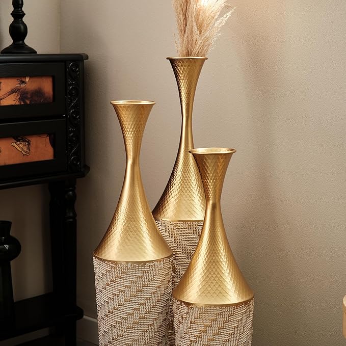 Floor Oversized Gold Metal Decorative Vase with 3D Triangle Pattern Set of 3 Large Vases for Home Living Room 33.5 ", 29.5 ", 25.2" High (Champagne)