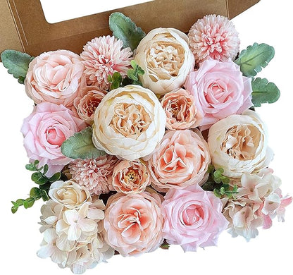 Peonies Artificial Flowers Pink Silk Roses Bulk for DIY Wedding Bouquet Bridal Shower Decorations Fake Floral Arrangements Party Table Centerpieces Home Decor Indoor Blush Peach Box 20pcs