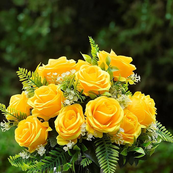 ENOVA FLORAL 18 Heads Silk Rose Artificial Flowers in Vase,Faux Rose Flowers Arrangement in Round Bowl Vase with Faux Water and River Rock for Table Decor Centerpieces (Yellow)