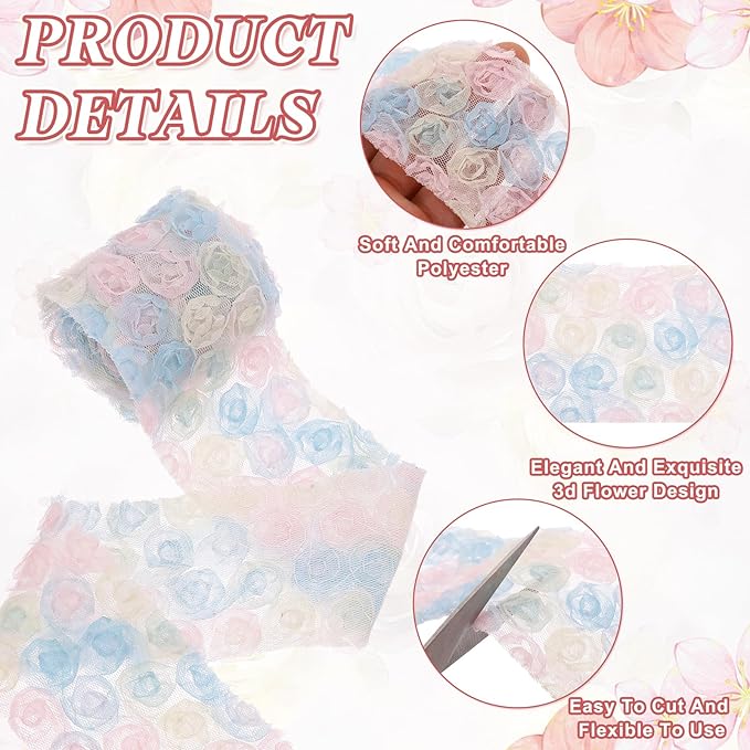 uxcell 2PCS Lace Trim Ribbon, 2.36 inch - 1 Yard 3D Rose Floral Embroidery Ribbons Edge Trimming for Sewing, Wedding Dress, DIY Crafts, Decoration Accessories, Color Blue