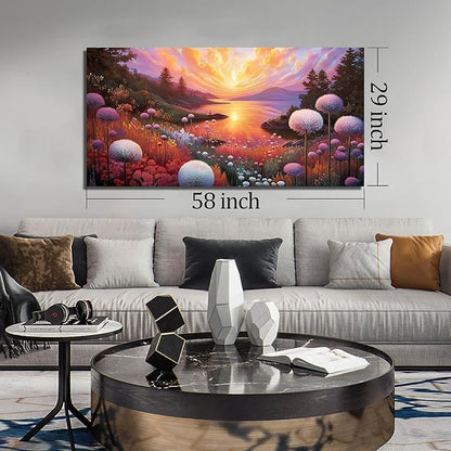 Sunset Panoramic Canvas Wall Art, Purple Floral Meadow & Green Tree Landscape with Gold Accents Picture for Living Room Bedroom Wall Decor, Print Painting Artwork Decoration, Large Size 58x29 Inches
